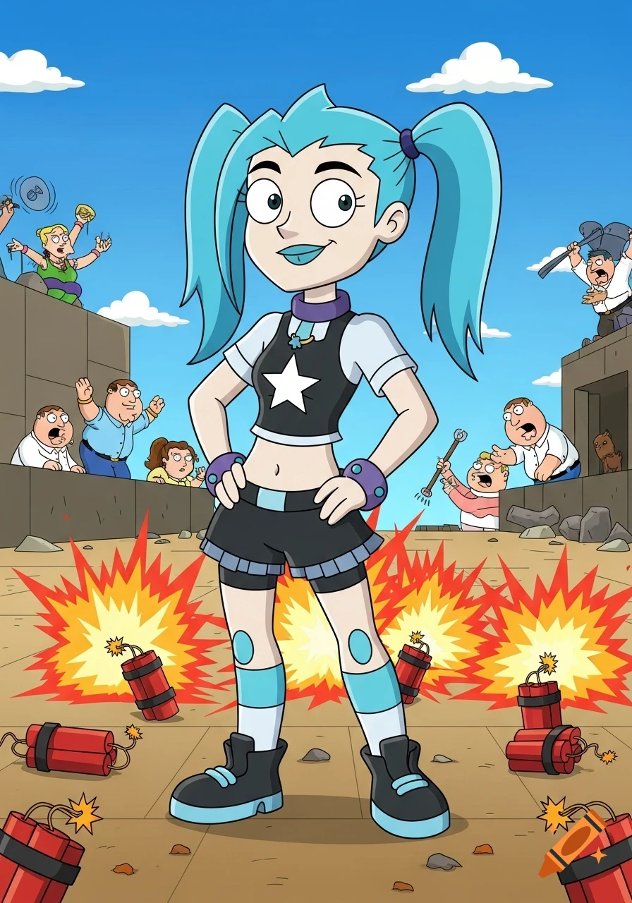 Cartoon of Jinx from League of Legends stylized as a Family Guy character, standing among explosions with other Family Guy characters reacting in the background.