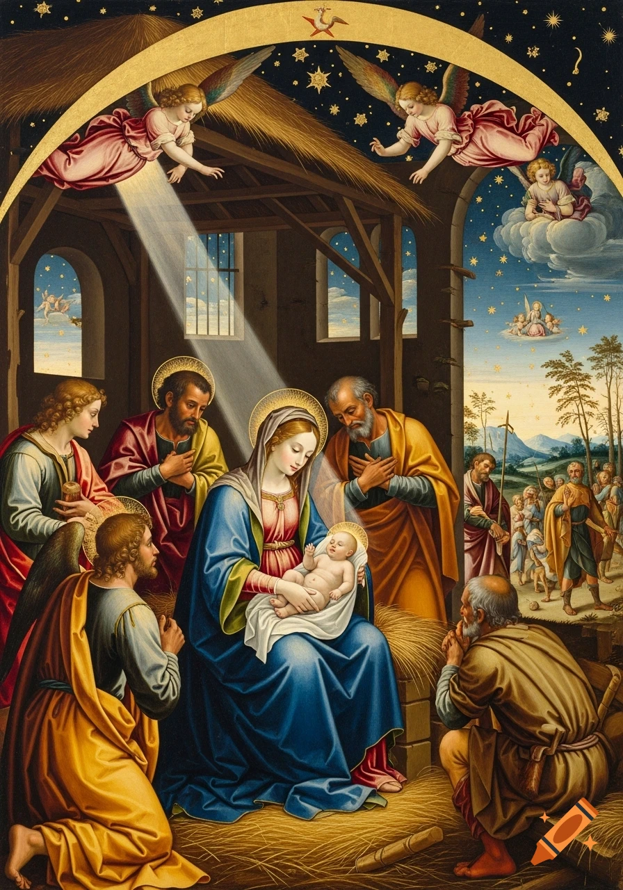 Renaissance-style painting of the Nativity, with Mary holding baby Jesus, Joseph, angels, shepherds, and other figures in a stable.