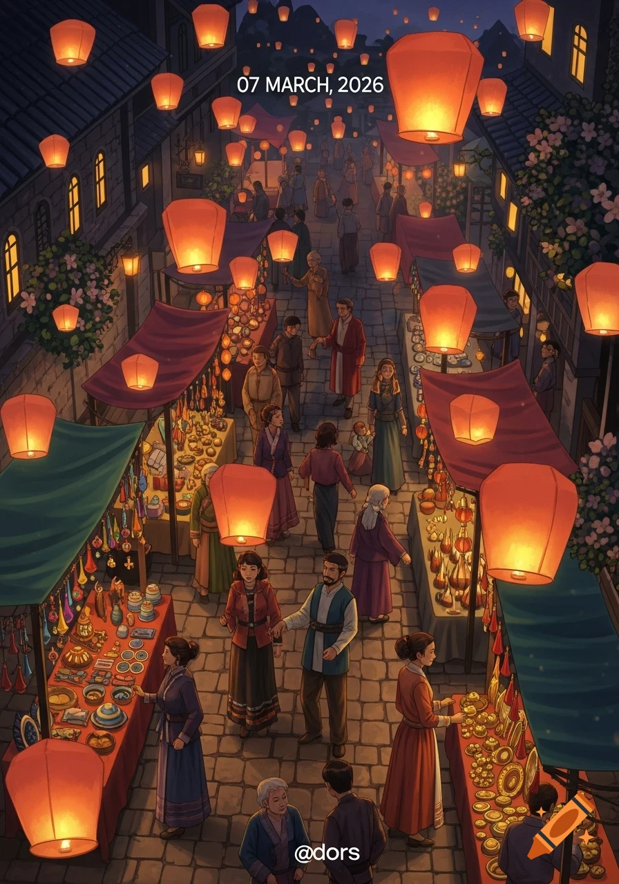 An overhead view of a bustling night market lit by numerous orange sky lanterns, with people browsing stalls.