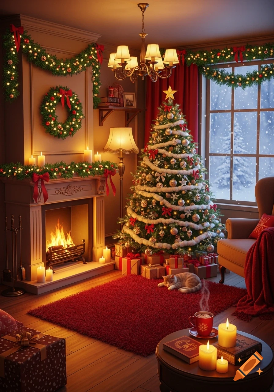 A cozy, warm-lit Christmas living room with a lit fireplace, decorated tree, sleeping cat, and snow visible through a large window.
