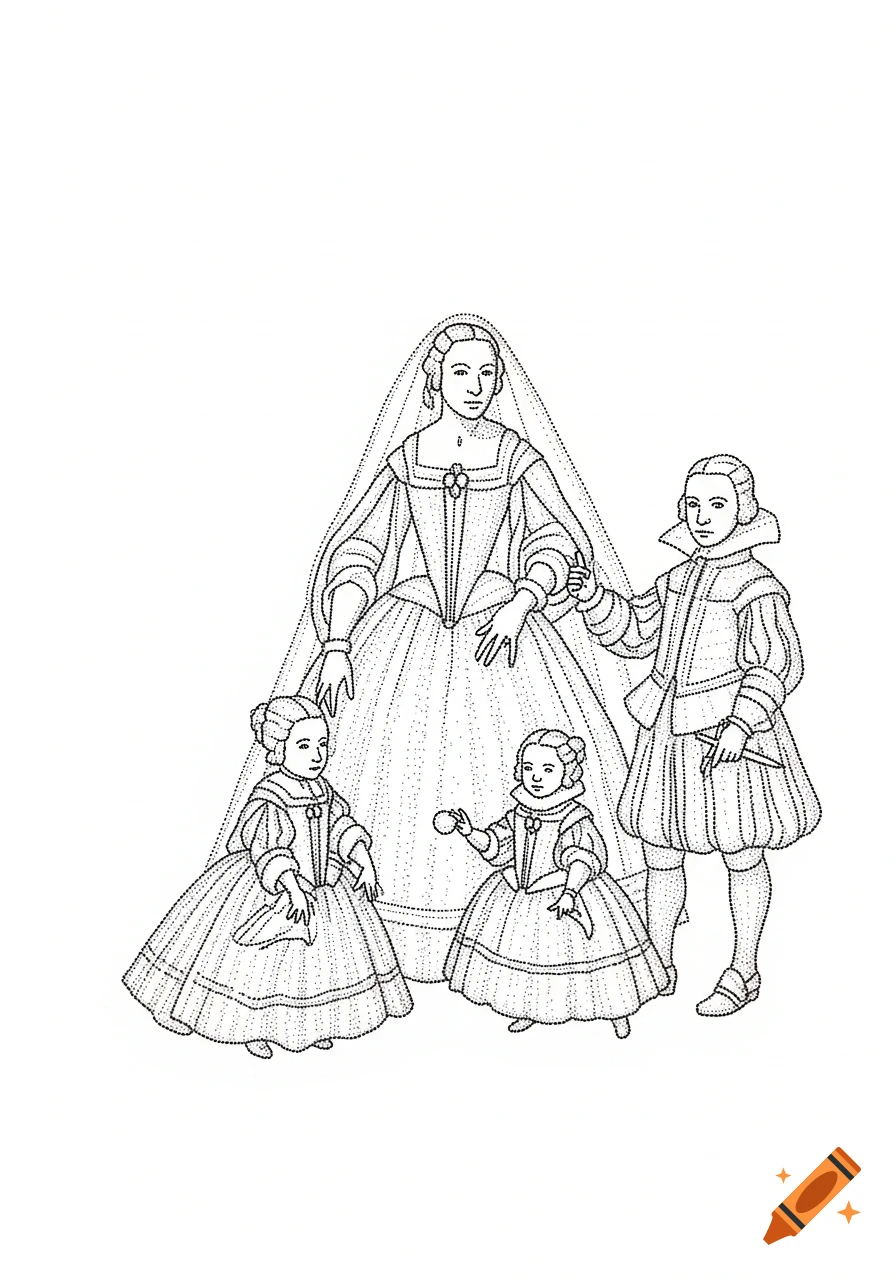 Pointillism line drawing of a woman in a large dress and veil with three children in historical clothing.