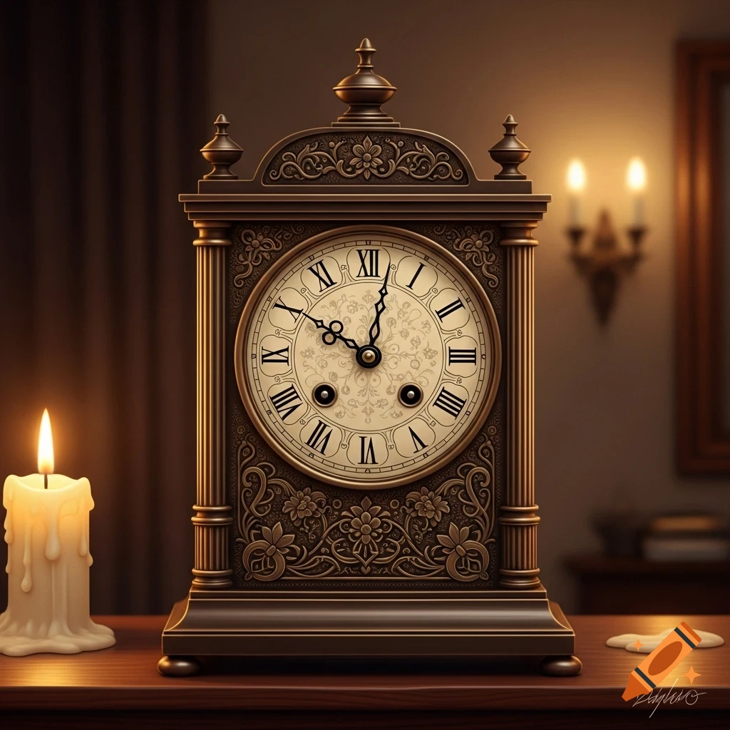 A close-up, dimly lit photo of an ornate, bronze antique mantel clock with Roman numerals displaying 6:25, next to a lit candle.
