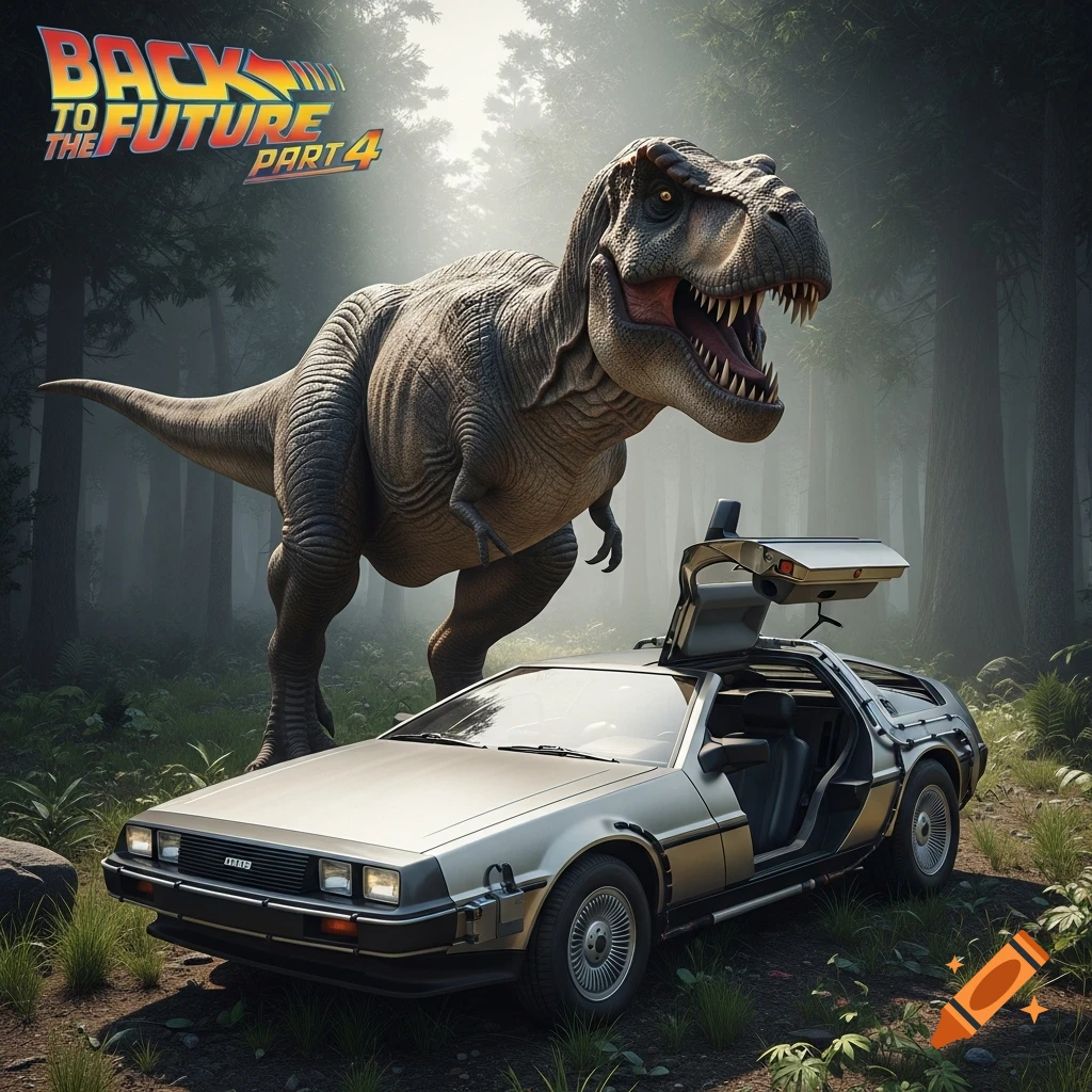 A large Tyrannosaurus Rex stands behind a silver DeLorean with open gull-wing doors in a misty forest. The 'Back to the Future Part 4' logo is in the top left corner.