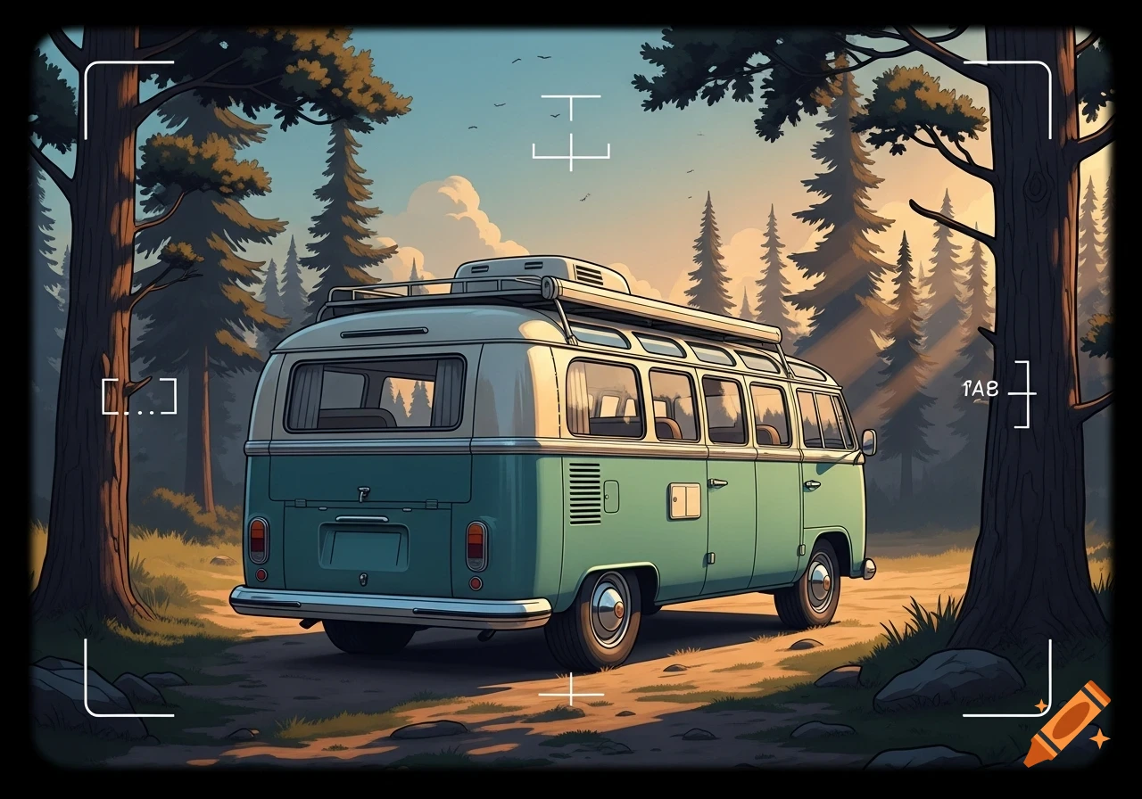 A stylized illustration of a retro green and white camper van parked on a dirt road in a forest, viewed through a camera viewfinder.