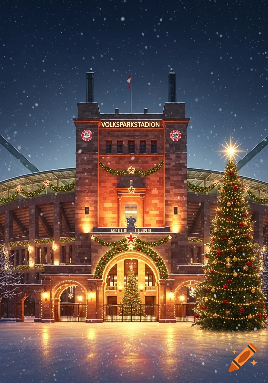 A majestic stadium, Volksparkstadion, decorated for Christmas with festive lights, garlands, and a large Christmas tree in front, under a snowy night sky.