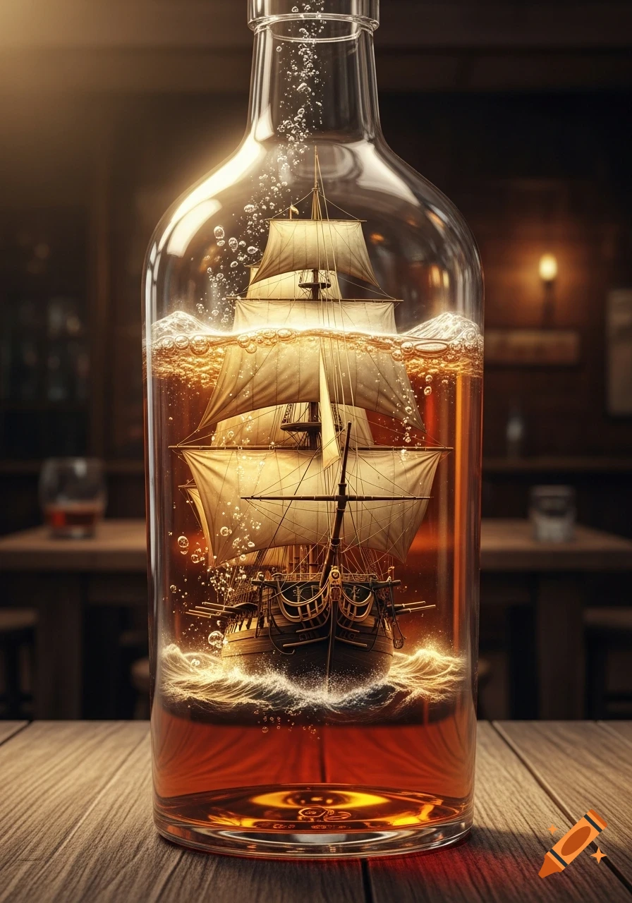A detailed warship with sails sits inside a glass liquor bottle filled with amber liquid, creating waves and bubbles, on a wooden table.