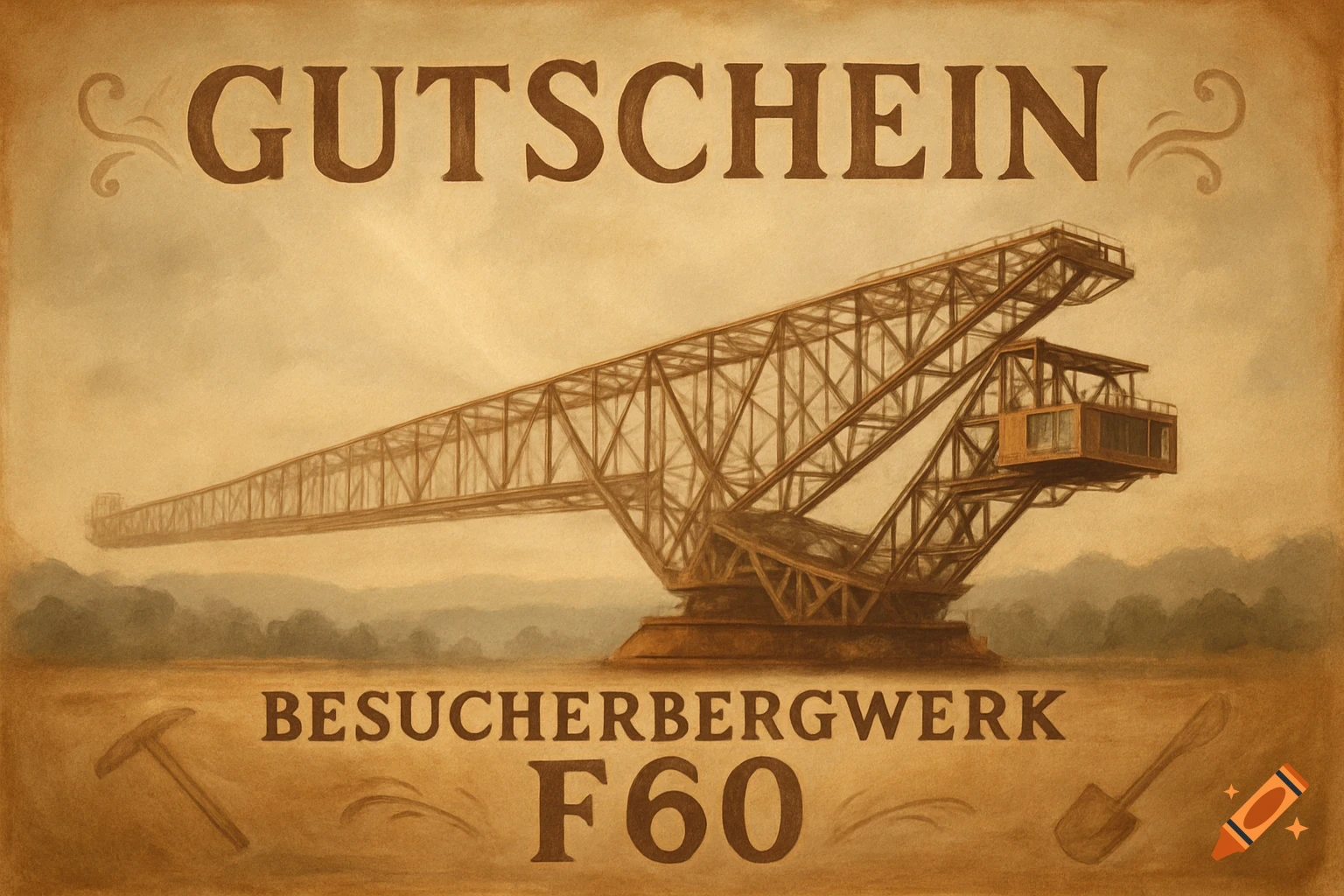 Vintage brown poster for 'Besucherbergwerk F60' (Visitor Mine F60) with a large industrial conveyor bridge, pickaxe, and shovel.