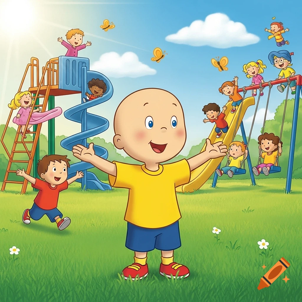 A cartoon of Caillou smiling with arms outstretched in a sunny playground, with other children playing on slides and swings in the background.