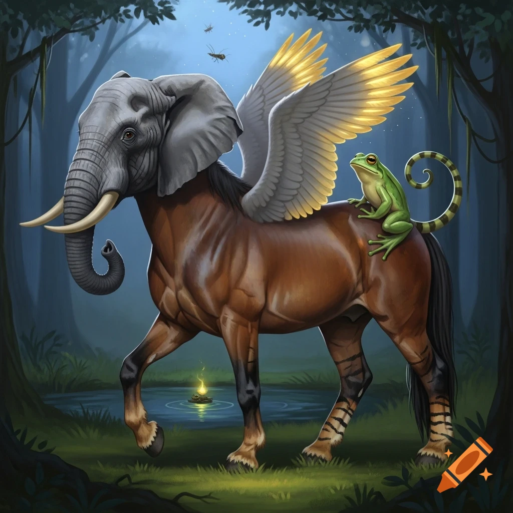 A majestic fantasy creature with an elephant's head, a horse's body with tiger-striped legs, and large bird wings, walks through a mystical forest. A green frog with a coiled tail rides on its back, while fireflies hover by a pond.