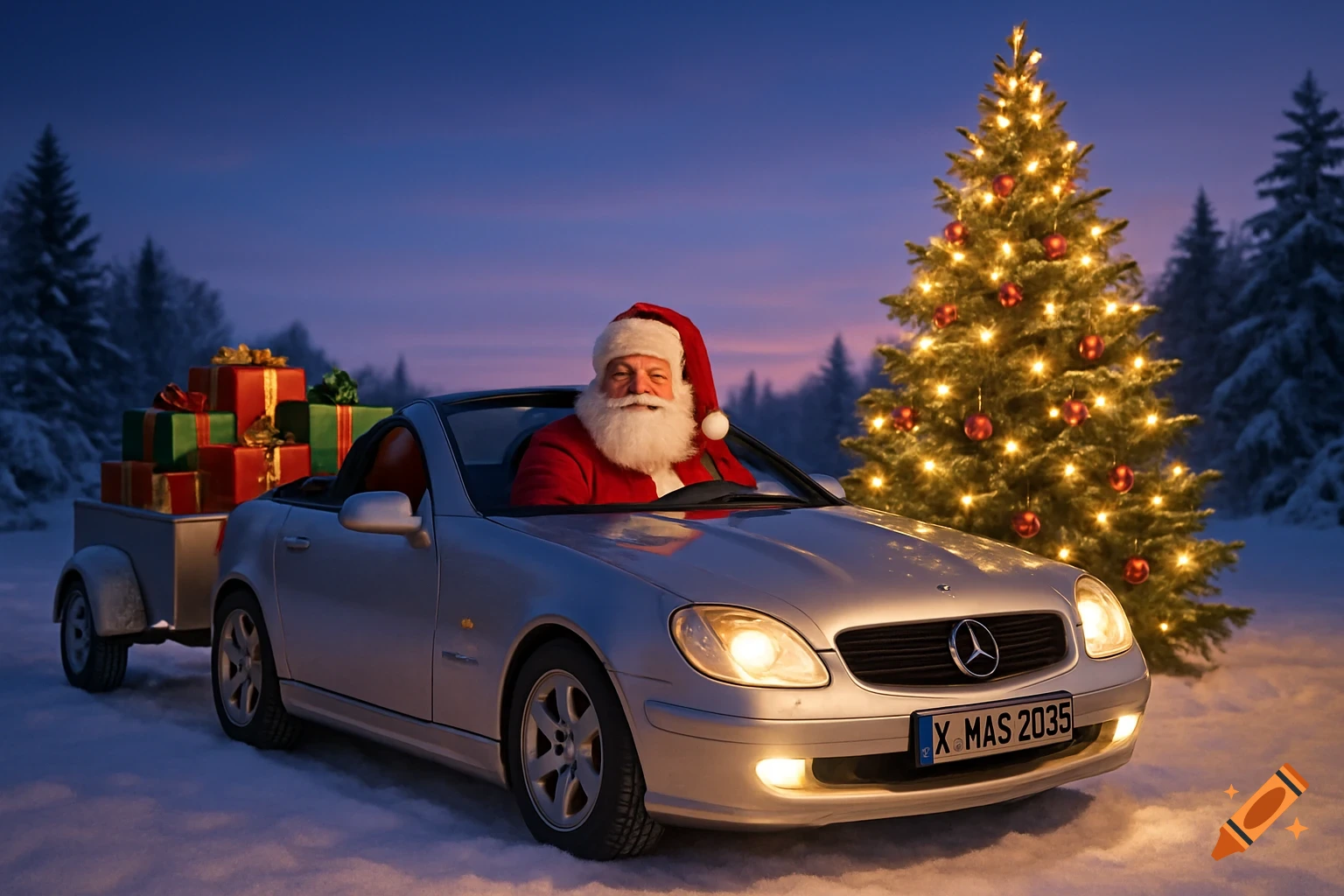 Santa Claus drives a silver convertible with a gift-filled trailer past a lit Christmas tree in a snowy landscape.