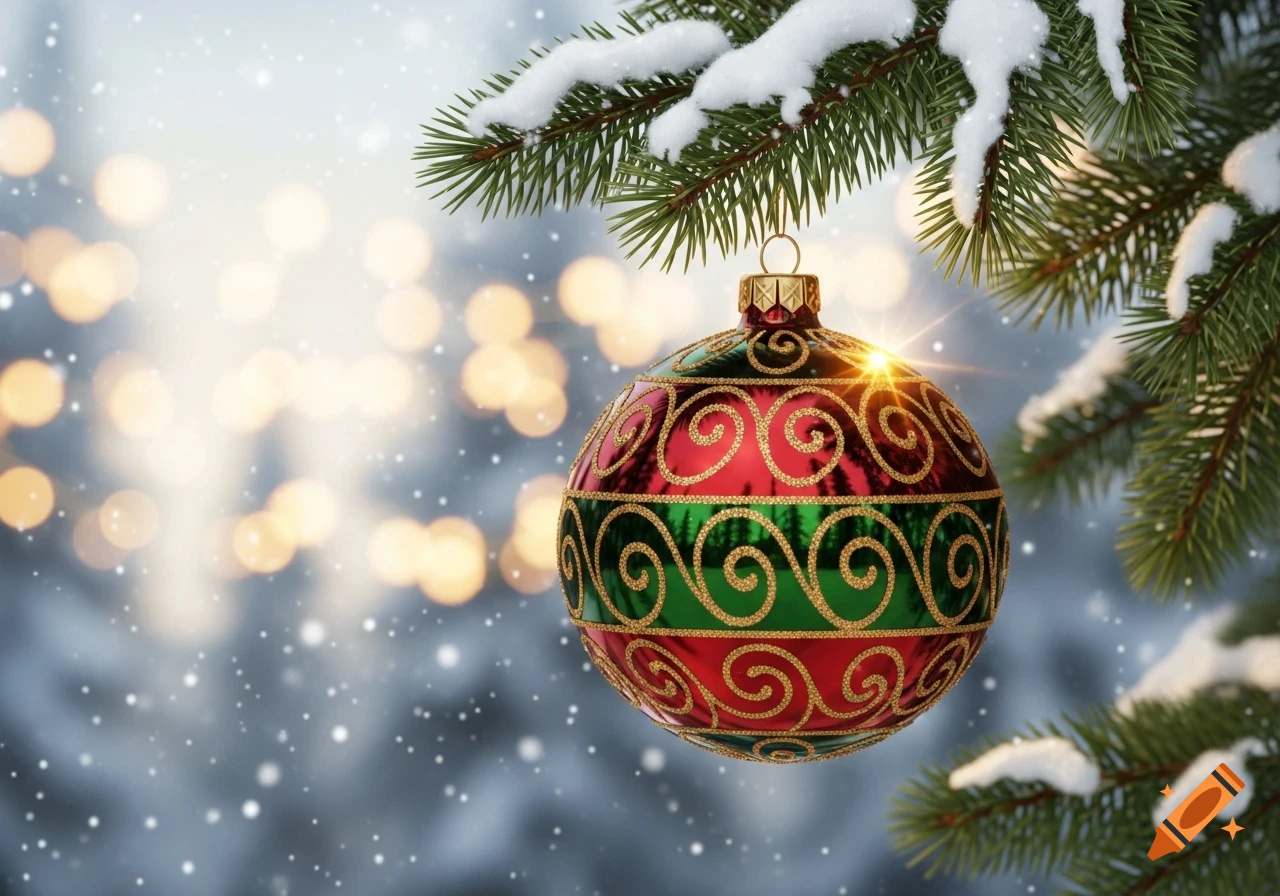 A red and green Christmas ornament with gold swirls hangs from a snowy pine branch as snow falls against a background of blurred lights.