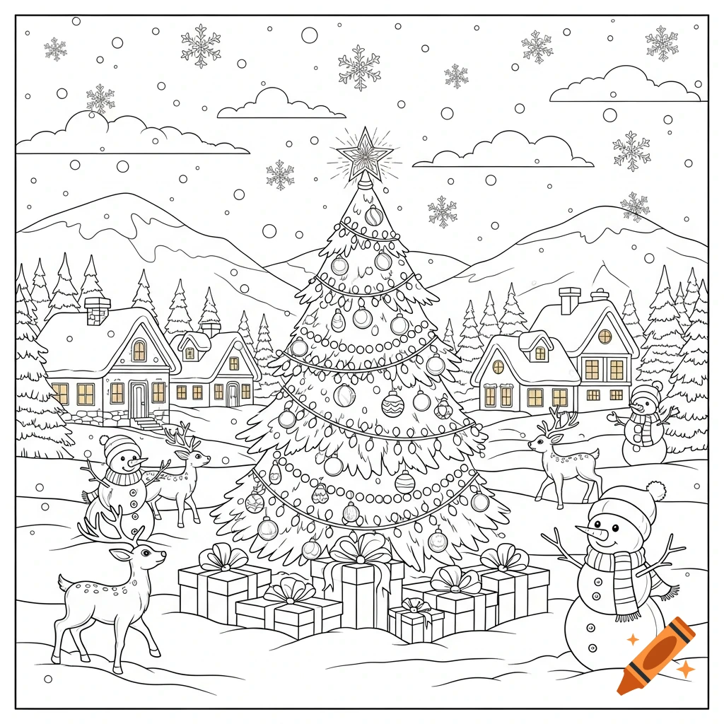 Black and white Christmas coloring page featuring a snow-covered village, a decorated tree with gifts, snowmen, and deer.