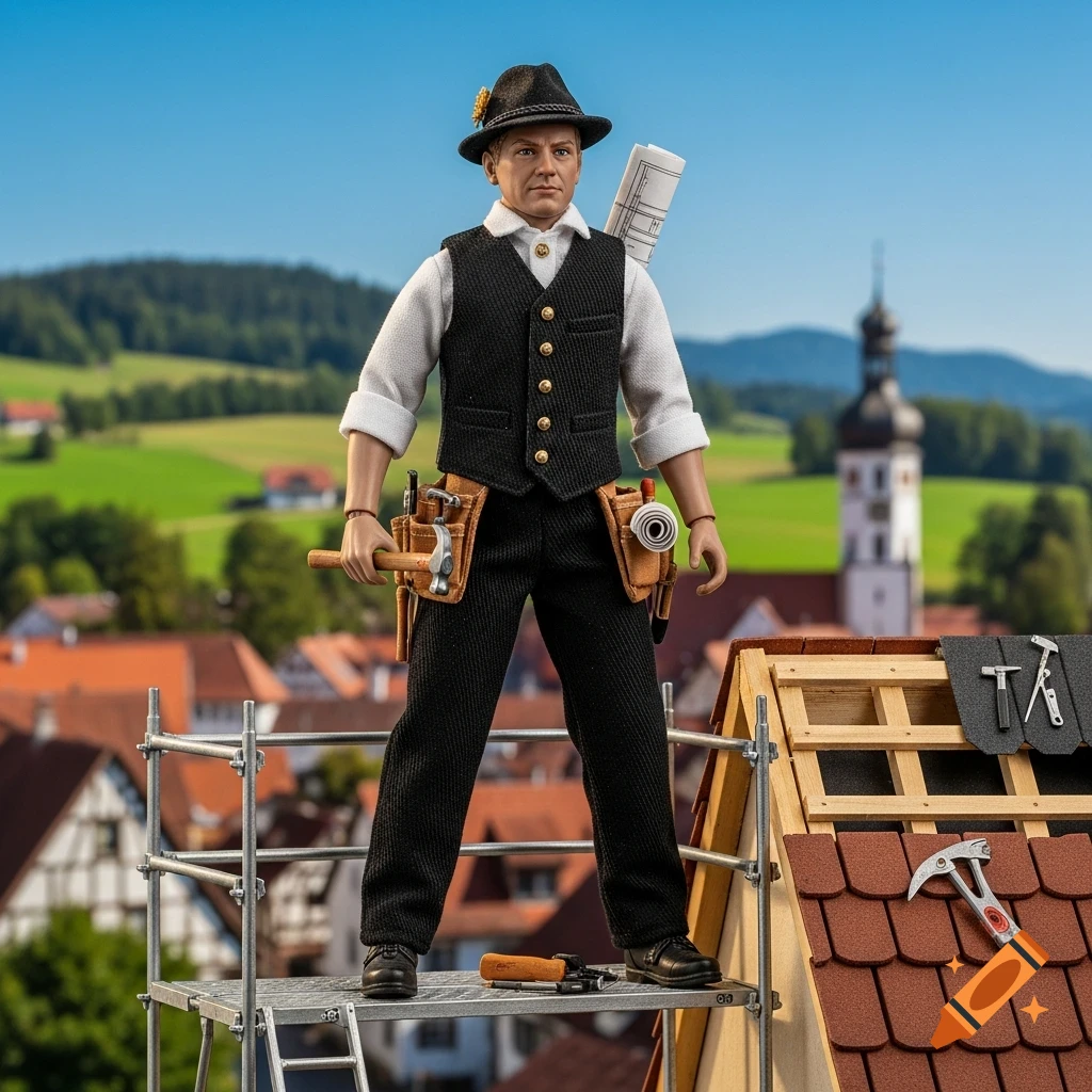 Action figure of a roofer in traditional attire stands on scaffolding above a village with roofing tools.