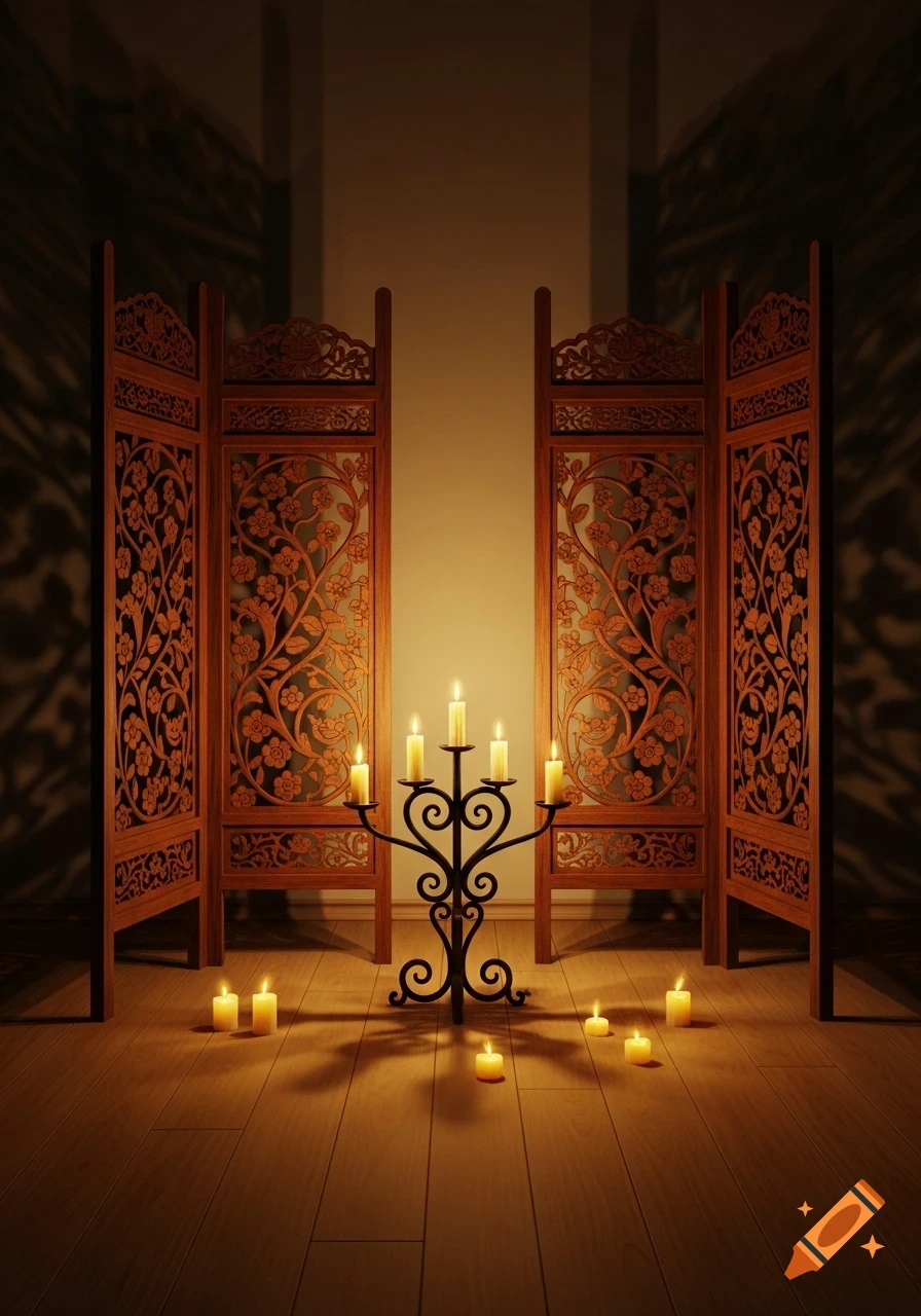 Two ornate carved wooden screens flank a black metal candelabra and scattered candles on a wooden floor in a dimly lit room.