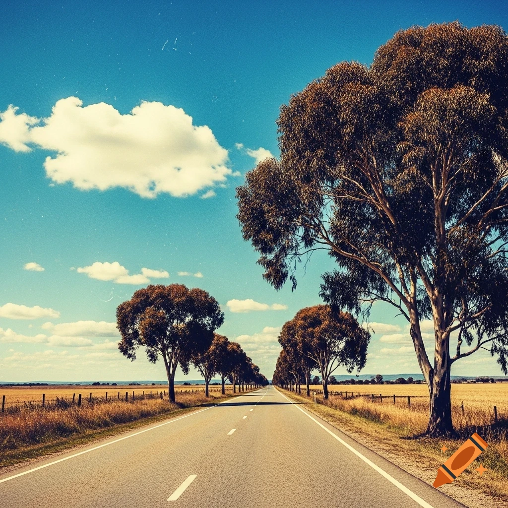 An empty country road lined with trees stretches under a blue sky with white clouds, rendered in a retro color palette with film grain.