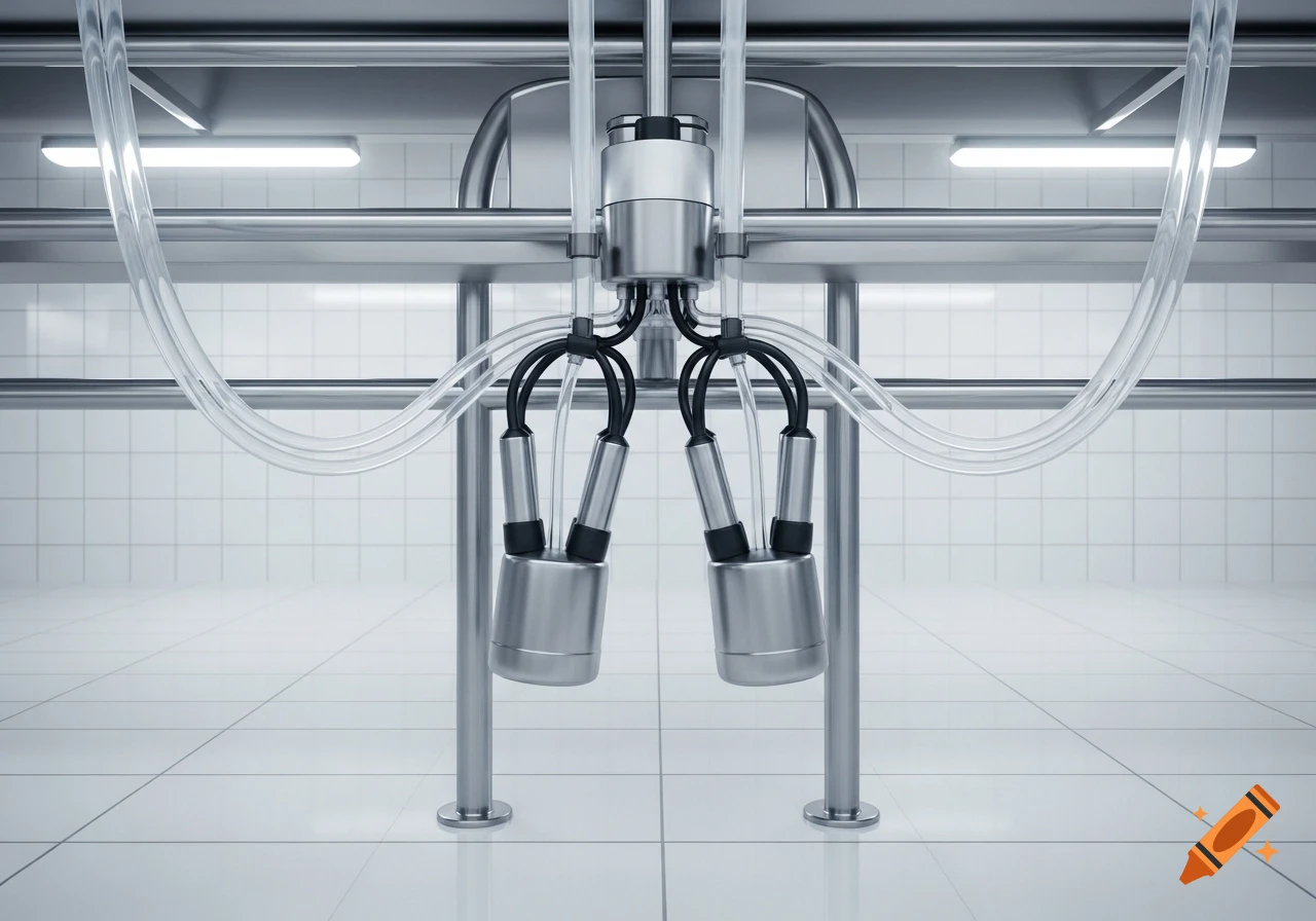 A photorealistic view of a stainless steel milking machine with two cups and clear tubes in a sterile, white-tiled room.