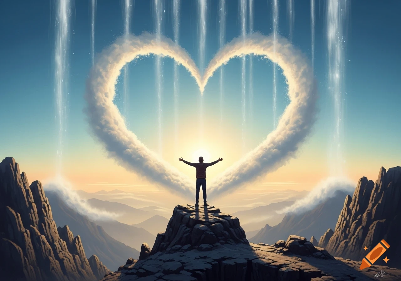 A man on a mountain peak with arms outstretched, facing a heart-shaped cloud and light streams in a stylized sky.