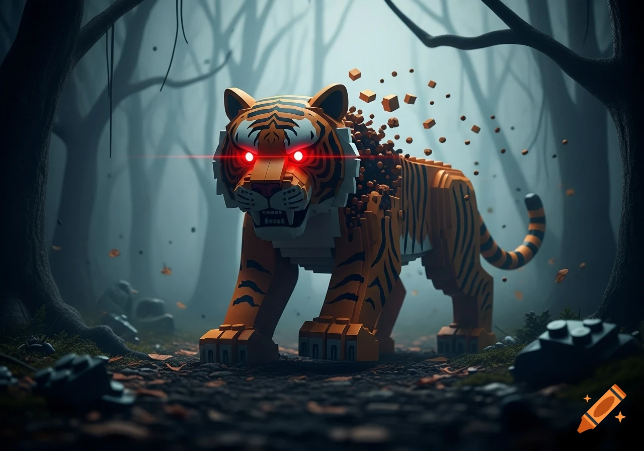 A menacing Lego tiger with glowing red eyes stands in a dark, foggy forest, its back disintegrating into small orange cubes.
