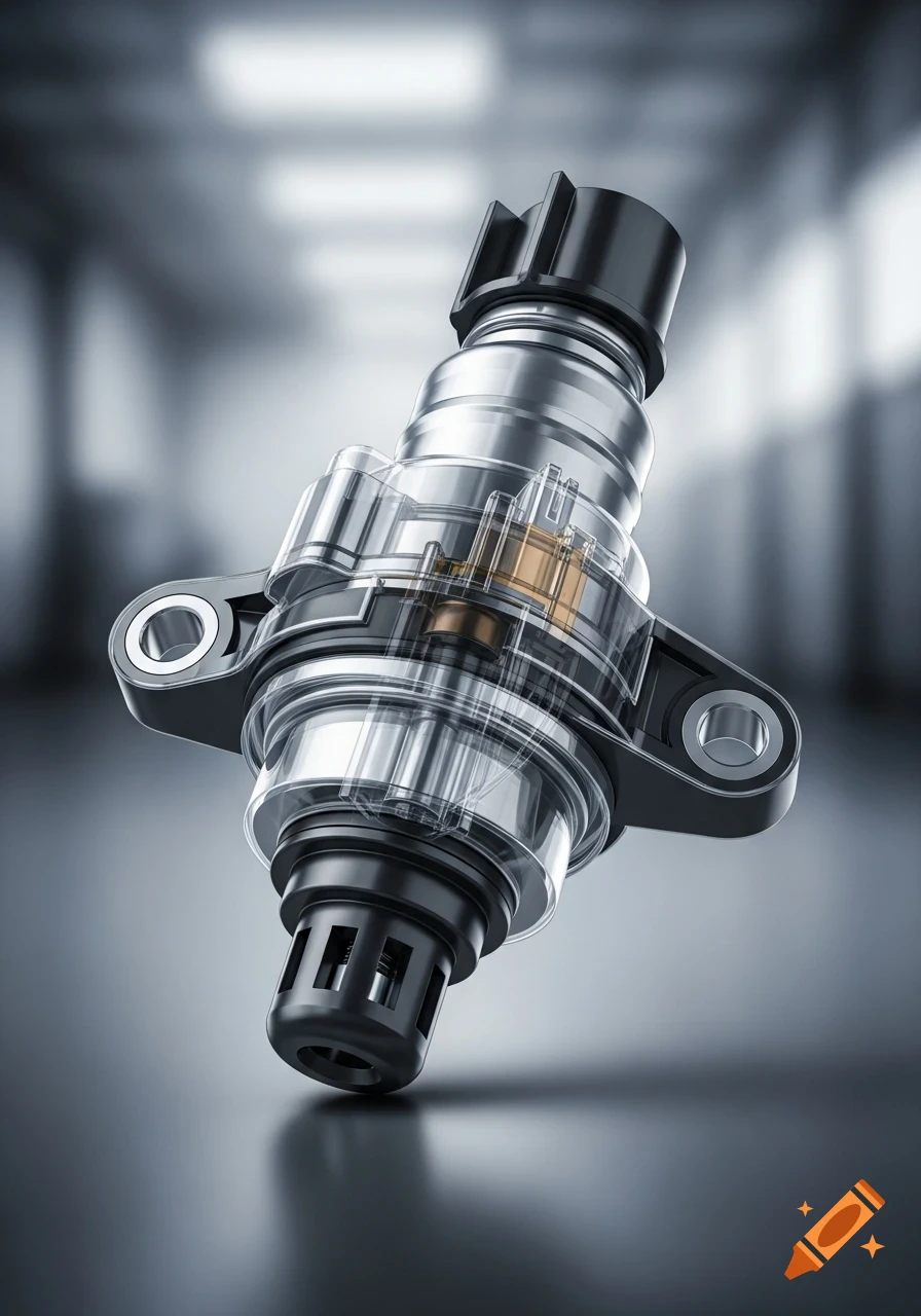 A detailed, shiny metallic and transparent automotive sensor or injector on a blurred gray background.