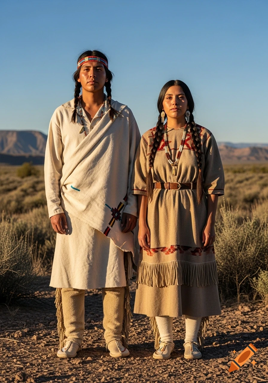 Two photorealistic Hopi people in traditional clothing stand in a sunlit desert landscape under a clear blue sky.