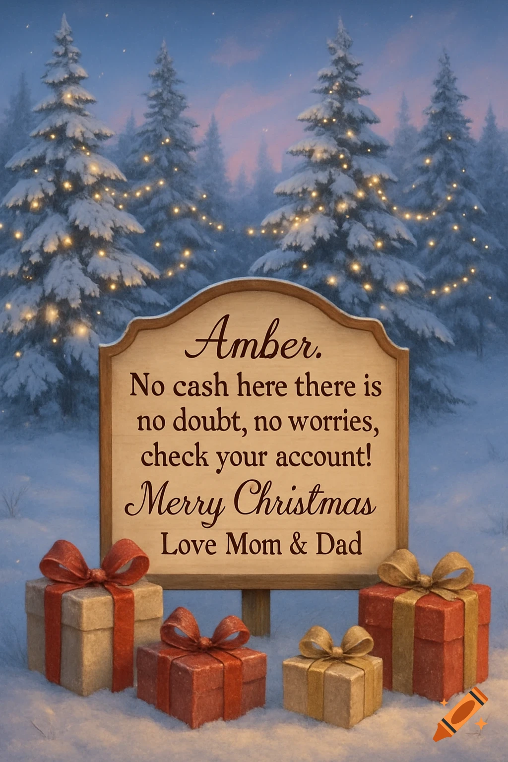 A wooden Christmas sign with a message and gift boxes in a snowy forest scene with illuminated pine trees.