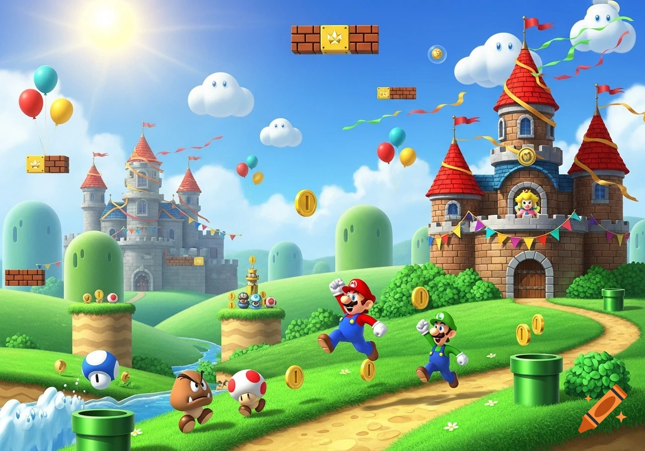 Mario and Luigi run through a vibrant Super Mario Bros. landscape with castles, coins, pipes, Goomba, and Princess Peach.