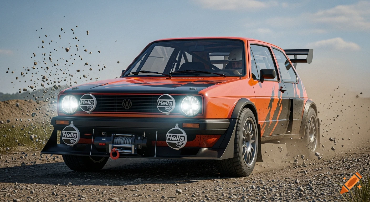 An orange and black rally Volkswagen Golf 1 kicks up stones on a dirt road under a clear sky.