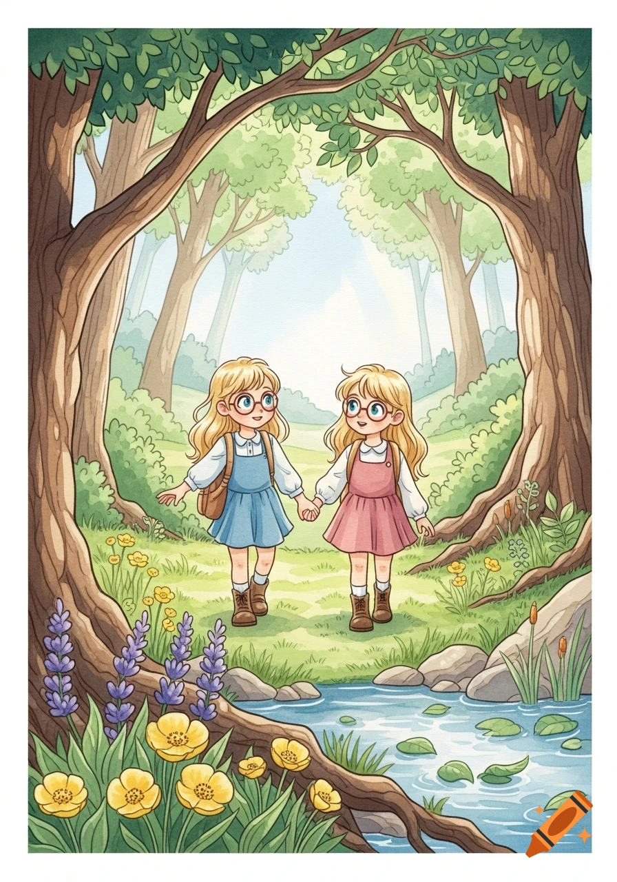 Two blonde girls with glasses, wearing dresses and carrying backpacks, hold hands while walking through a whimsical forest by a stream, in a watercolor illustration style.