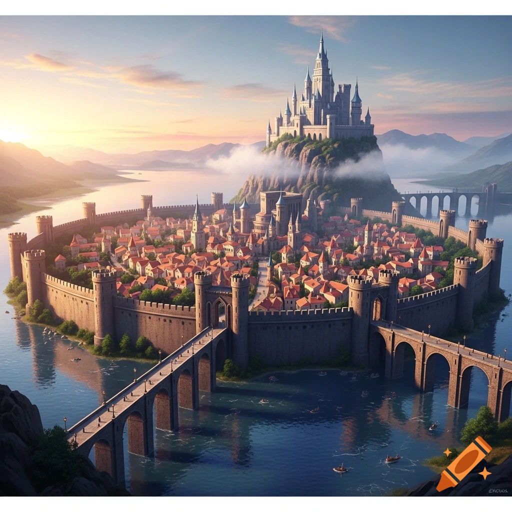 A grand walled fantasy city with red-roofed buildings on an island ...