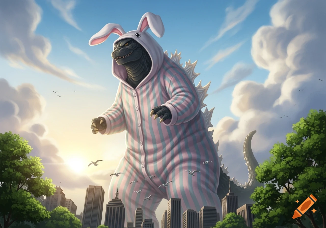Giant Godzilla in pink and blue striped bunny pajamas towers over a city skyline at sunrise, with birds flying around.