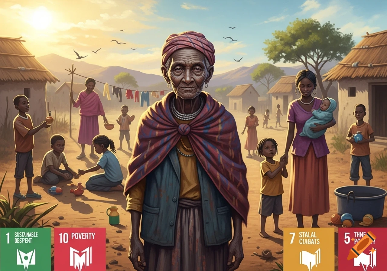 An elderly woman with a patterned shawl stands in the foreground of a village scene at sunset. Many people, including a mother with a baby and children playing, are around mud huts.