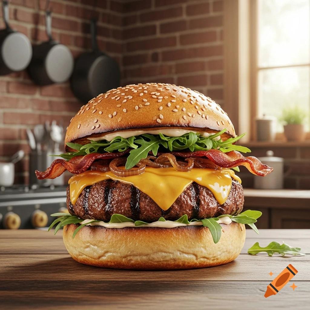 A gourmet burger with a thick patty, melted cheese, crispy bacon, caramelized onions, arugula, and mayo on a sesame seed bun, on a wooden table in a kitchen.