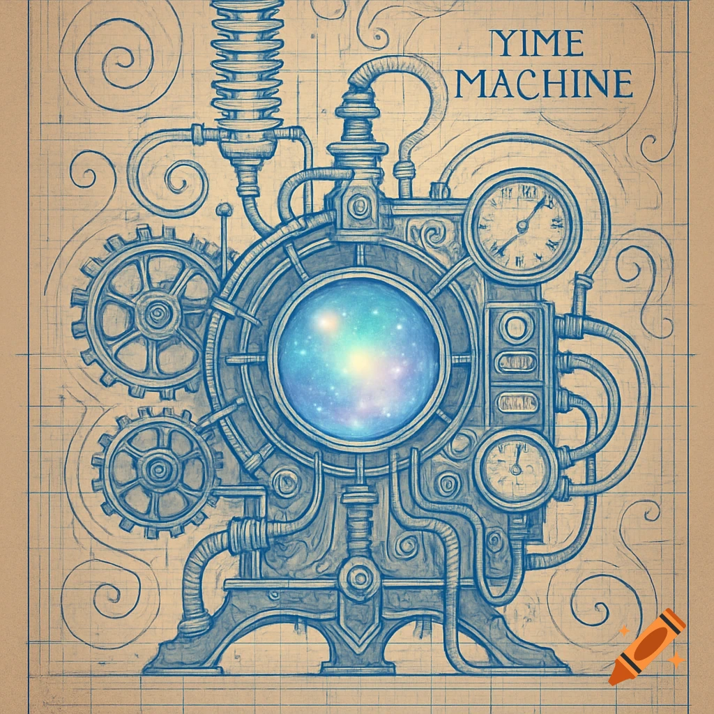 Blueprint-style drawing of an intricate steampunk time machine with gears, pipes, gauges, and a glowing cosmic orb, on gridded paper.
