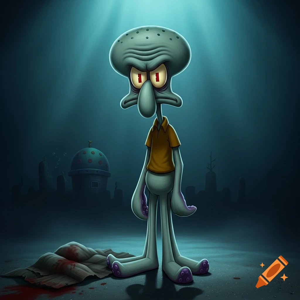 A menacing Squidward with glowing red eyes stands over a blood-stained cloth in a dark, shadowy underwater setting resembling Bikini Bottom.