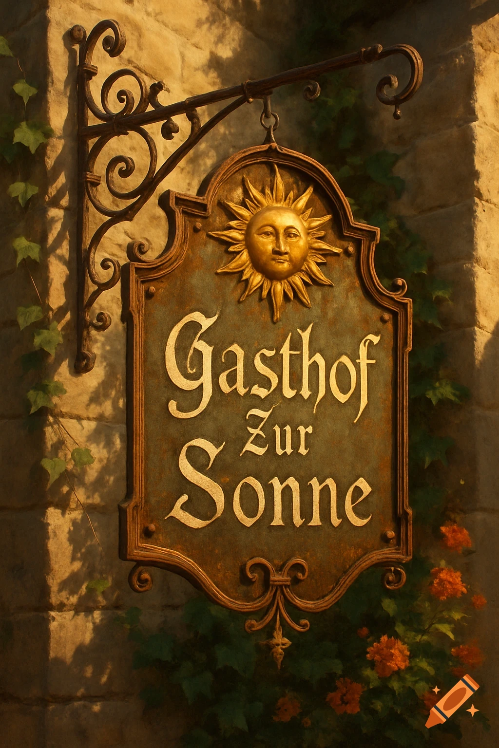 A vintage-style hanging sign for 'Gasthof Zur Sonne' featuring a golden sun face, ornate ironwork, on a stone wall with ivy and flowers.