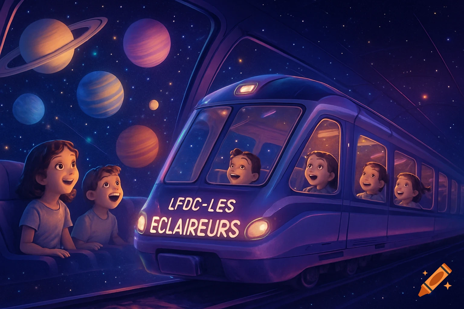 Cartoon children on a futuristic train gaze out at colorful planets and stars in deep space.
