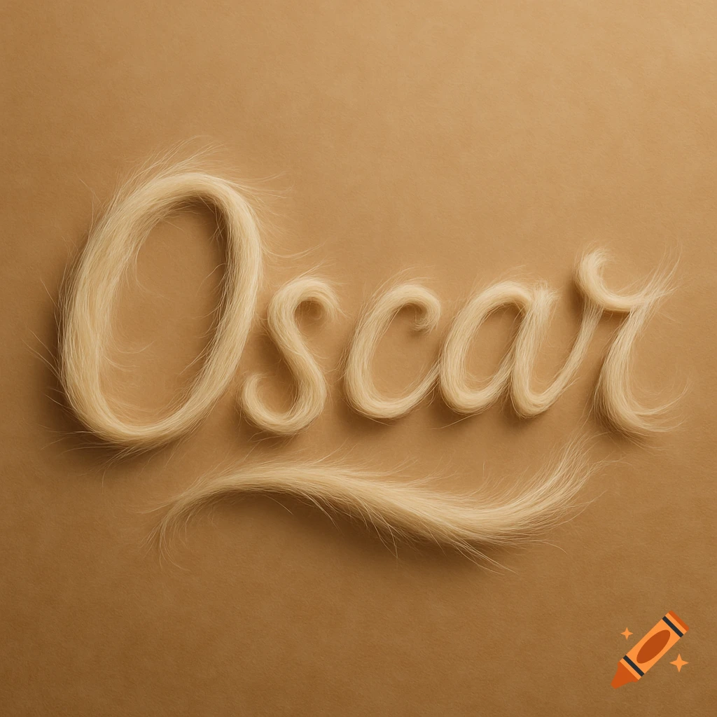 The name Oscar written in light, wispy fur on a warm, neutral background, photorealistic.