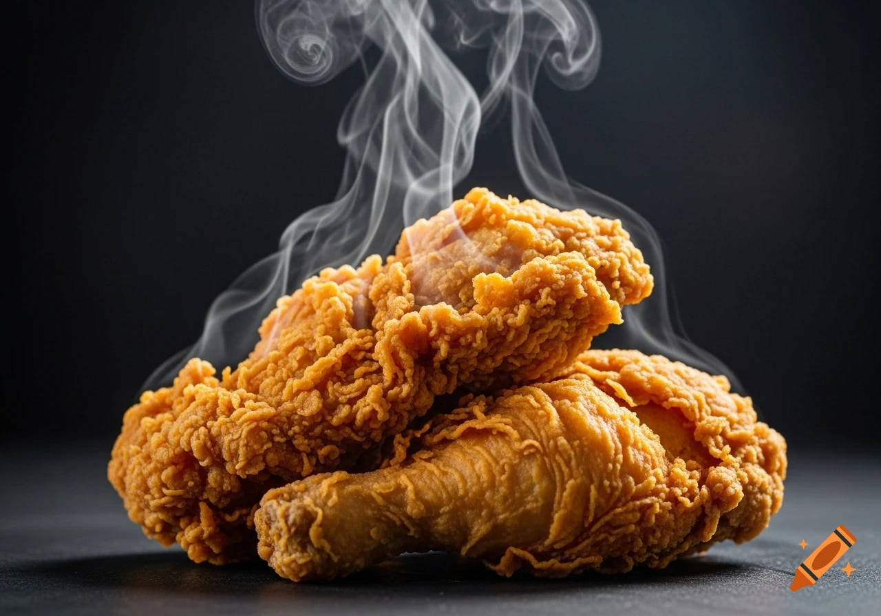 Close-up of golden, crispy fried chicken pieces with hot steam rising on a dark background.