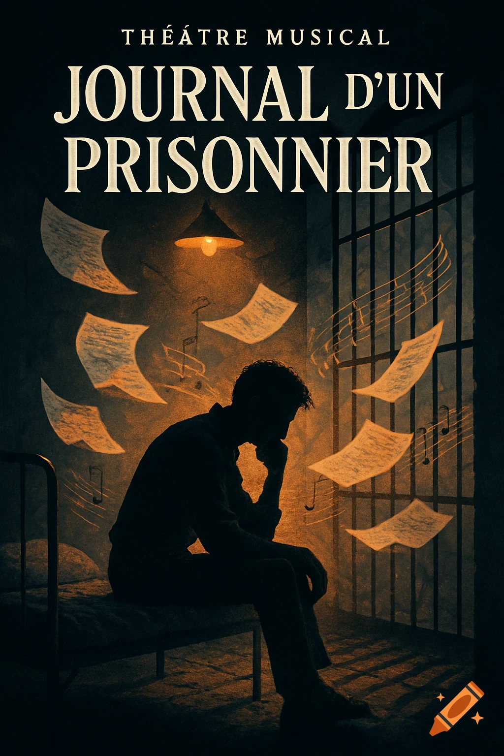 A dark poster for 'Journal d'un Prisonnier' musical, showing a man's silhouette in a prison cell with musical notes and papers.