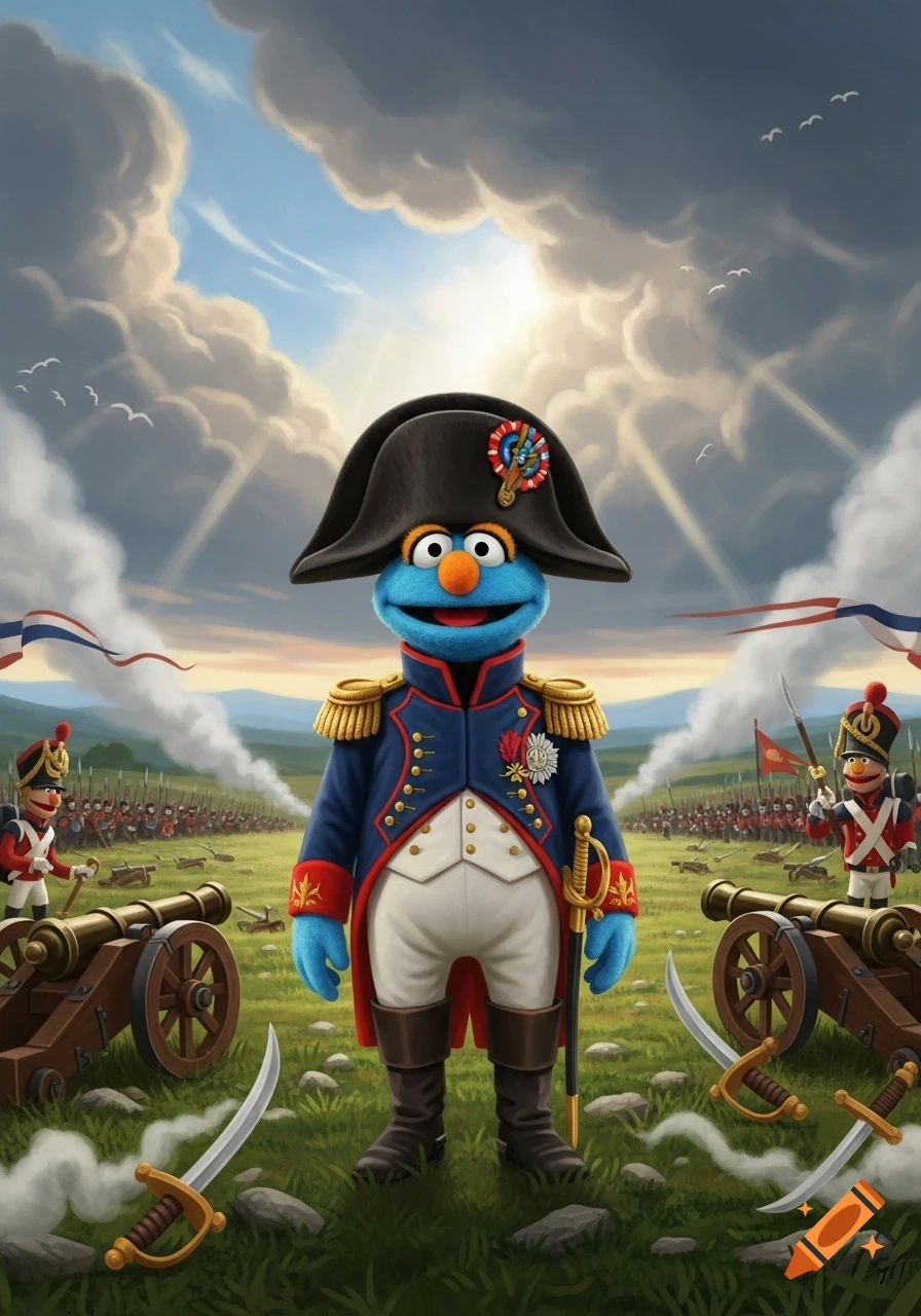 A blue Muppet dressed as Napoleon Bonaparte stands on a battlefield with cannons and toy soldiers under a dramatic sky.