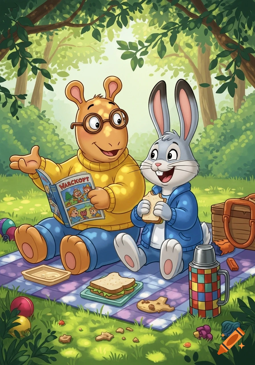 Arthur the aardvark reads a book while Buster the rabbit eats a sandwich at a sunny cartoon picnic in a forest.