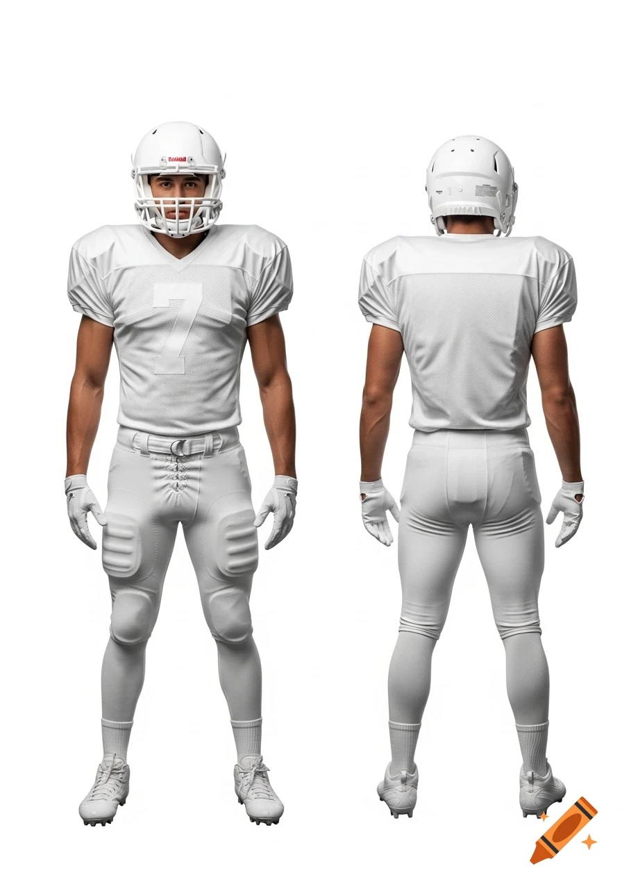 Front and back views of an American football player in a plain white uniform, helmet, and cleats, standing on a white background.