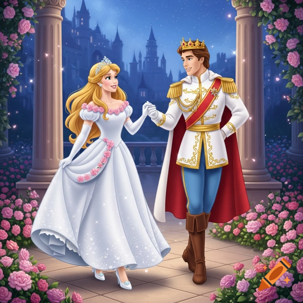 An animated princess in a white gown with pink roses and a prince in royal white and gold dance in a magical palace garden under a starry night.