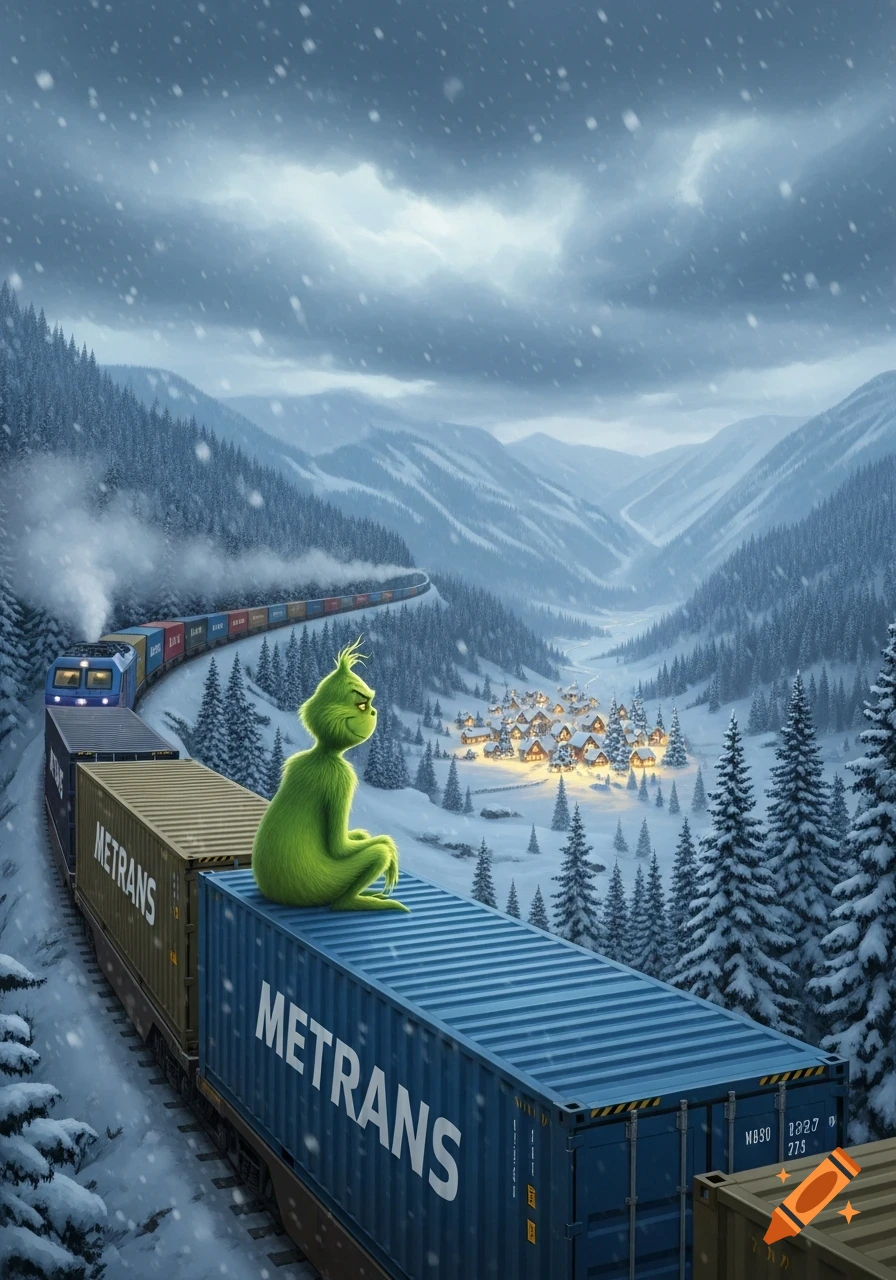The Grinch sits atop a blue train container, part of a long freight train moving through a snowy mountain valley with a lighted village in the distance, under a cloudy winter sky.