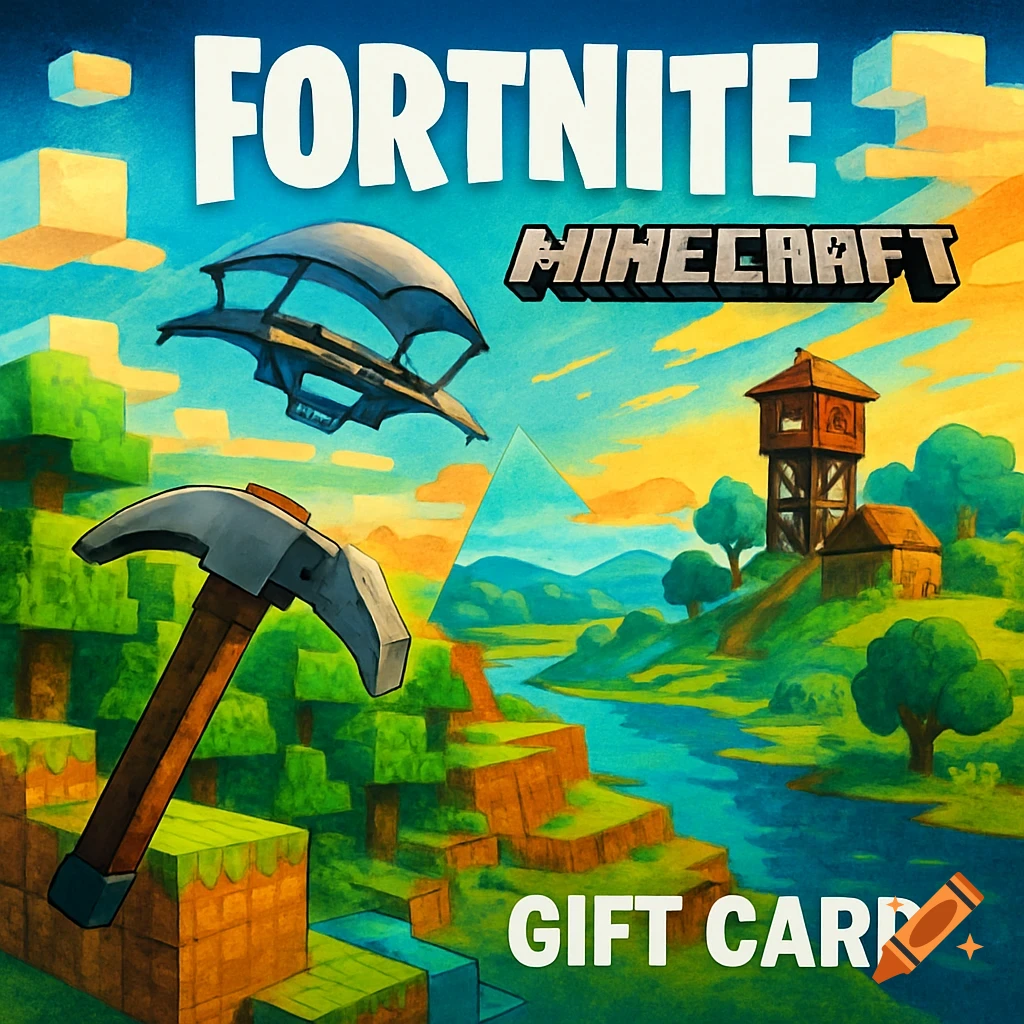 A gift card blending Fortnite and Minecraft, showing a pickaxe, a glider, blocky terrain, and text 'Fortnite Minecraft Gift Card'.