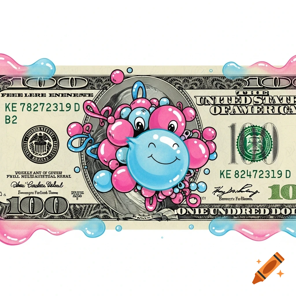 A cartoonish blue and pink bubblegum character and other bubbles splattered across a U.S. 100 dollar bill.