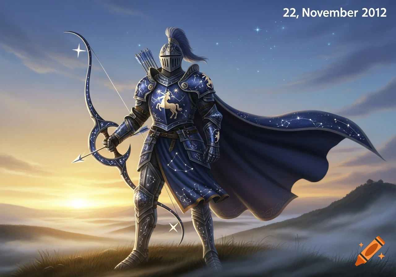 A knight in blue Sagittarius-themed armor and cape, adorned with constellations, holds a star-decorated bow against a sunrise sky.