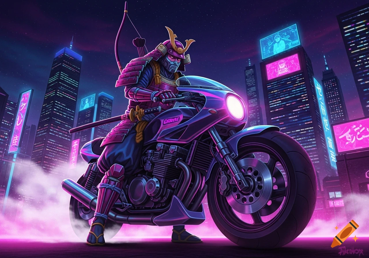 A samurai in pink armor with a bow rides a purple motorcycle through a neon-lit cyberpunk city at night, in an 80s anime art style.