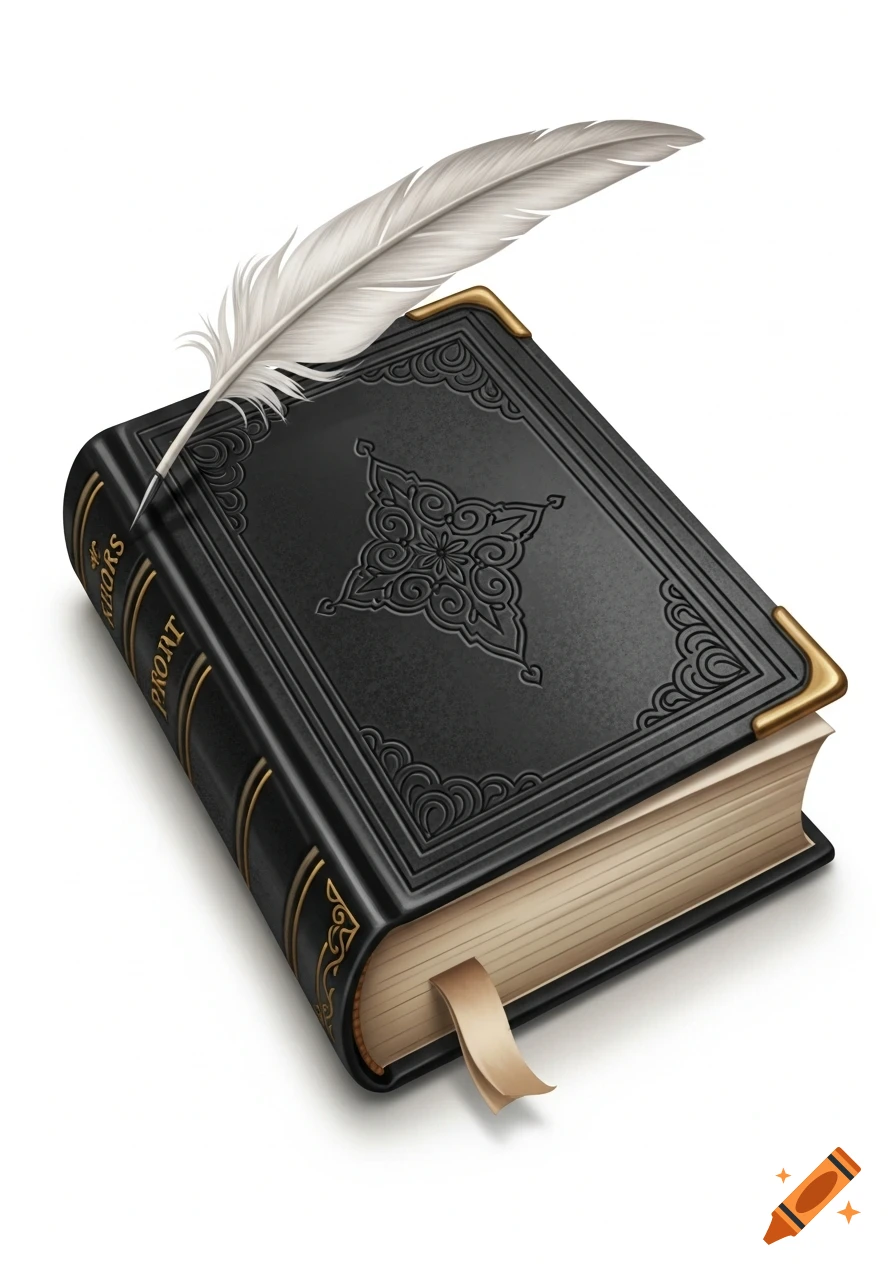 A black, antique-style book with gold corner accents and an ornate embossed cover, with a white feather quill resting on top.