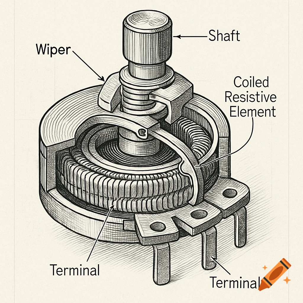 Detailed technical drawing of a potentiometer, labeling its shaft, wiper, coiled resistive element, and terminals.